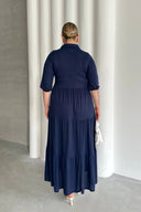 Büyük Beden V Yaka Yarım Kollu Beli Lastikli Uzun Elbise T44