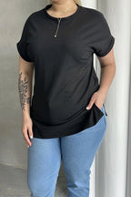 Büyük Beden Kısa Kollu Bisiklet Yaka Yanları Yırtmaçlı Basic T-shirt RFT-01