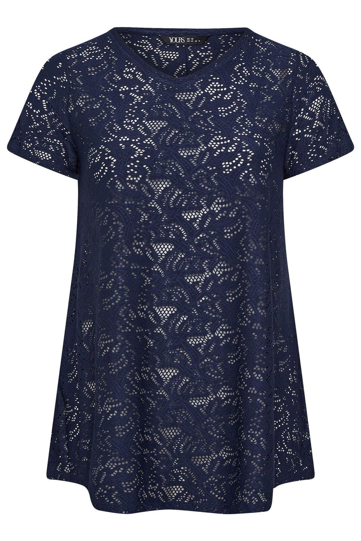 Büyük Beden V Yaka Kısa Kollu Astarsız Dantel T-shirt 304095