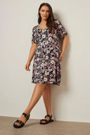 Büyük Beden V Yaka Kısa Kollu Çiçek Desenli Mini Elbise 137983