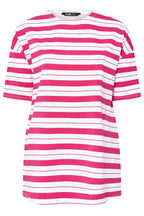 Büyük Beden Bisiklet Yaka Kısa Kollu Yanları Yırtmaçlı Çizgili T-shirt 303945