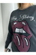 Büyük Beden Bisiklet Yaka Baskılı Pul Detaylı Yıkamalı Sweatshirt 301252