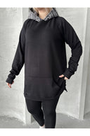 Büyük Beden Uzun Kollu Kapüşonlu Kanguru Cepli Yanları Yırtmaçlı Sweatshirt 300372