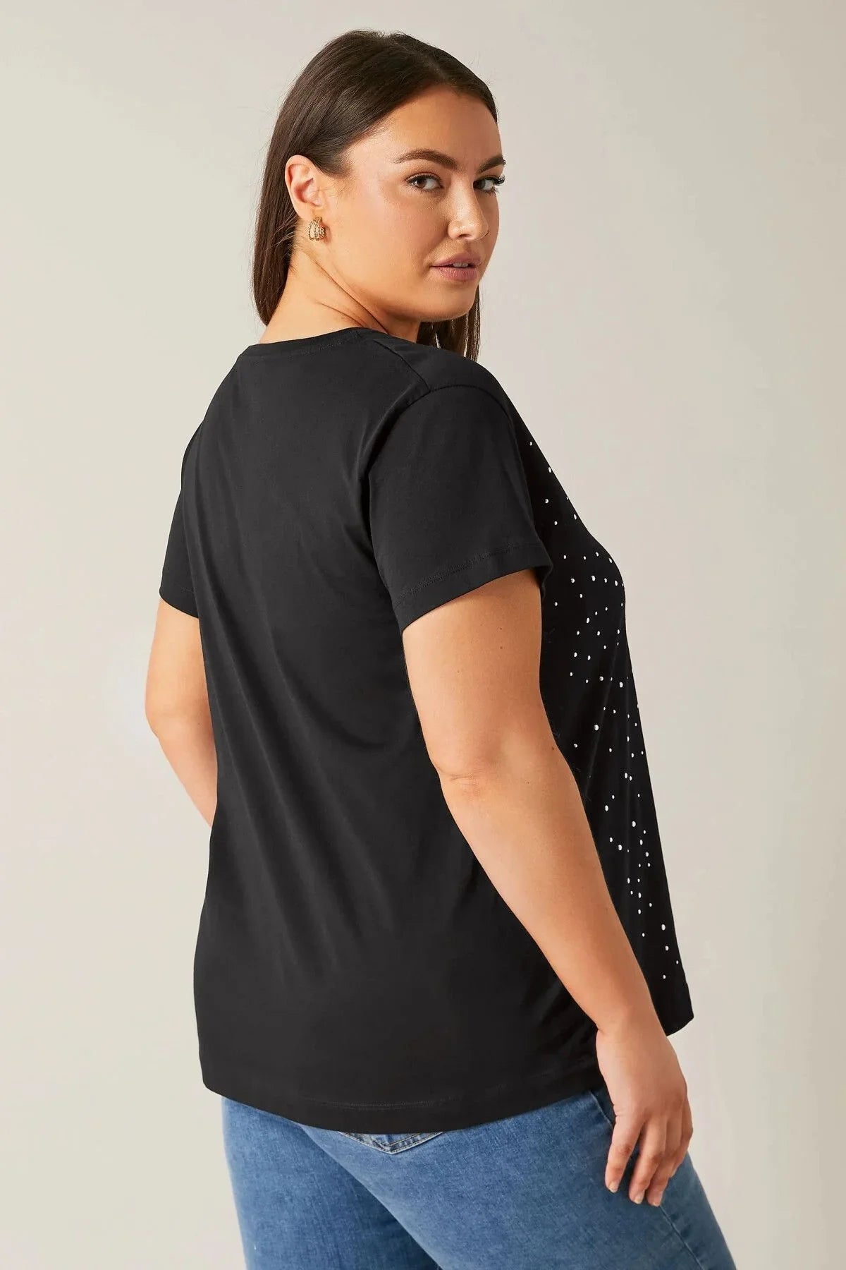 Büyük Beden Bisiklet Yaka Kısa Kollu Taş Yapıştırma Basic T-shirt 615350