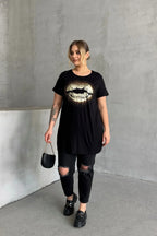 Büyük Beden Kısa Kollu Bisiklet Yaka Taş İşlemeli T-shirt 302264