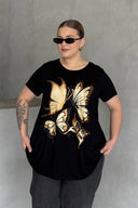 Büyük Beden Kelebek Baskılı Parlak Simli T-shirt 302275