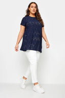 Büyük Beden Bisiklet Yaka Kısa Kollu Dantelli Astarsız Bluz 303264