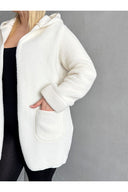 Büyük Beden Önü Kapamasız Cepli Kapüşonlu İnce Peluş Ceket 301256