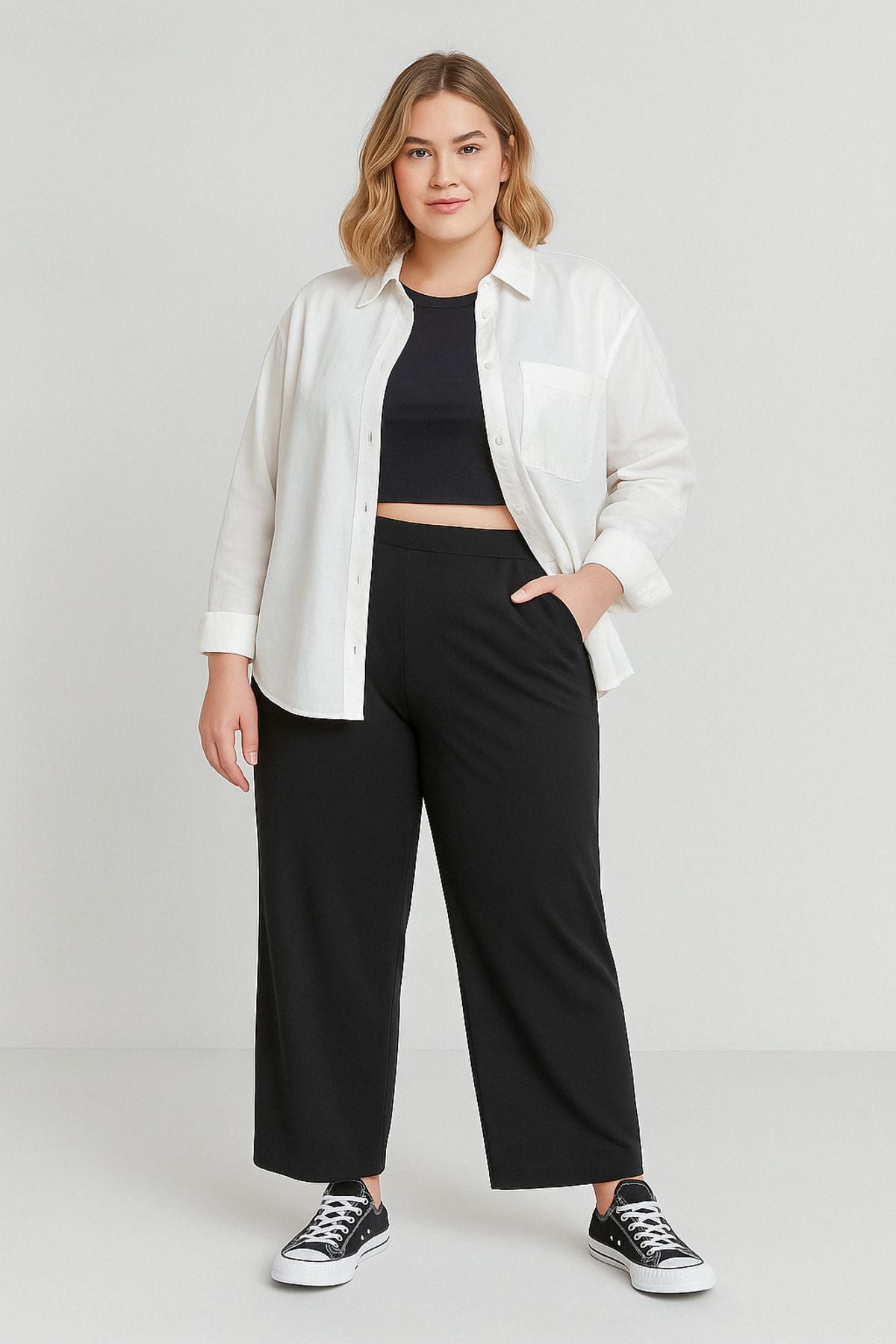 Büyük Beden Pile Detaylı Beli Lastikli Cepli Geniş Paça Pantolon 213839