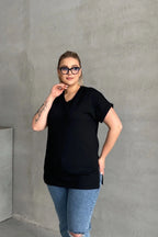 Büyük Beden Kısa Kollu V Yaka Yanları Yırtmaçlı Basic T-shirt RFT-02
