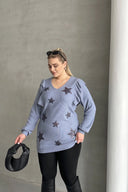 Büyük Beden Uzun Kolları Fırfırlı Yıldız Desen İşlemeli Bluz 301234