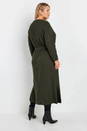 Büyük Beden Kuşaklı Düz Kesim Fitilli Uzun Kollu Astarsız Midi Elbise 322196