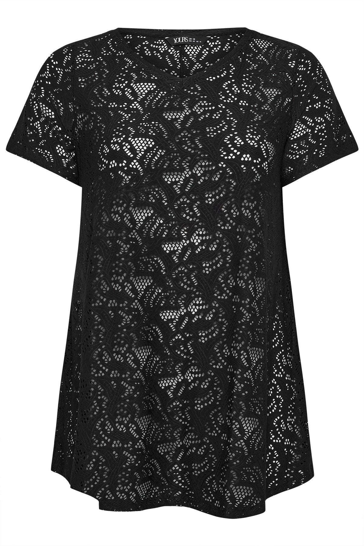 Büyük Beden V Yaka Sıfır Kol Astarsız Dantel T-shirt 304094