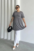 Büyük Beden Kol Detaylı Beli Lastikli Pileli Tunik T-shirt T43