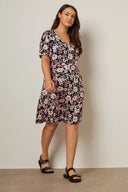 Büyük Beden V Yaka Kısa Kollu Çiçek Desenli Mini Elbise 137983