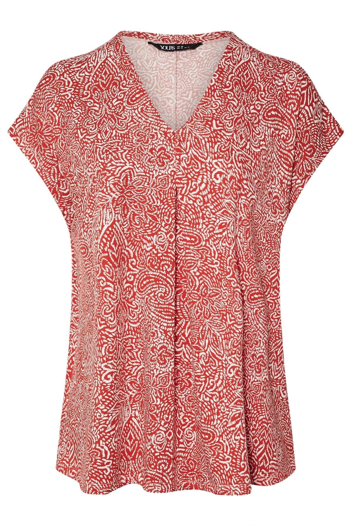 Büyük Beden V Yaka Çiçek Desenli Kısa Kollu T-shirt 322657