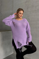 Büyük Beden Uzun Kollu Bisiklet Yaka Yırtık Detaylı Triko Kazak T-3