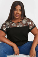 Büyük Beden Bisiklet Yaka Kısa Kollu Yakası Transparan Bluz 303428