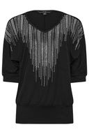 V Yaka Yarım Kollu Yakası Taş İşlemeli Beli Lastikli Omuz Detaylı Bluz 110690