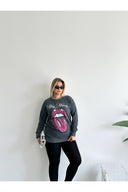 Büyük Beden Bisiklet Yaka Baskılı Pul Detaylı Yıkamalı Sweatshirt 301252