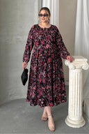 Büyük Beden Önü Bağlamalı Desenli Uzun Kollu Midi Elbise 615699