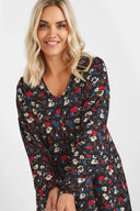 Büyük Beden Uzun Kollu V Yaka Önü Pileli Çiçek Desenli Bluz 303720