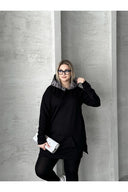 Büyük Beden Uzun Kollu Kapüşonlu Kanguru Cepli Yanları Yırtmaçlı Sweatshirt 300372