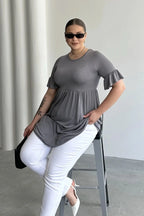 Büyük Beden Kol Detaylı Beli Lastikli Pileli Tunik T-shirt T43
