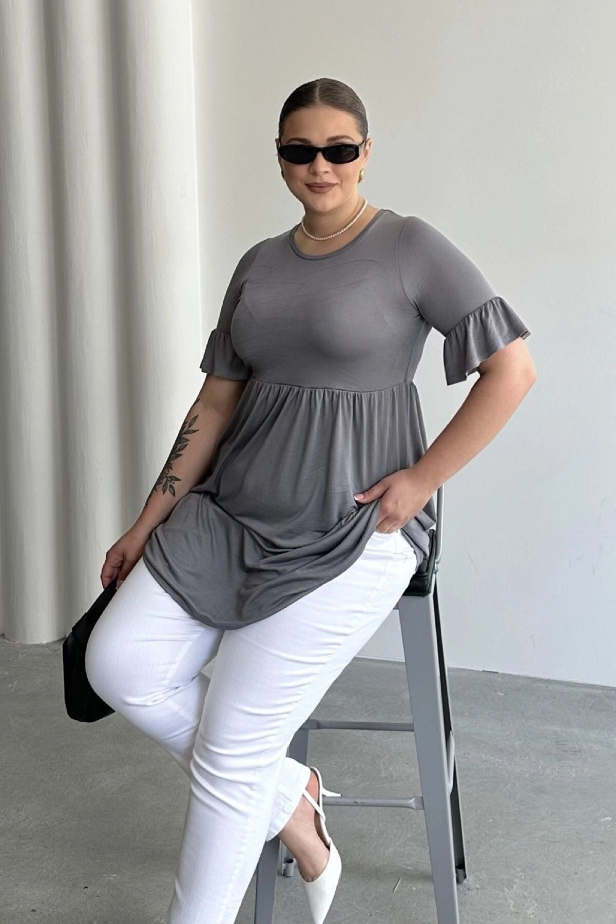 Büyük Beden Kol Detaylı Beli Lastikli Pileli Tunik T-shirt T43