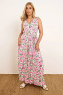 Büyük Beden V Yaka Sıfır Kol Beli Kuşaklı Desenli Maxi Elbise 303990