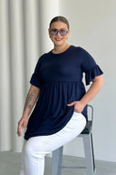 Büyük Beden Kol Detaylı Beli Lastikli Pileli Tunik T-shirt T42