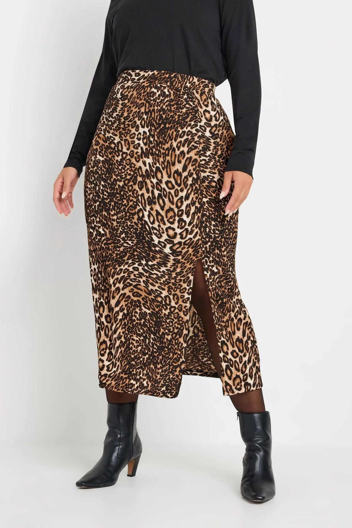 Büyük Beden Beli Lastikli Yırtmaçlı Leopar Desenli Midi Boy Etek 303706