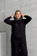 Büyük Beden Uzun Kollu Kapüşonu Desenli Beli Lastikli Sweatshirt 106-73