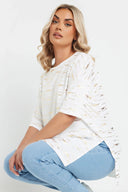 Büyük Beden Kısa Kollu Bisiklet Yaka Yanları Yırtmaçlı Metalik Baskılı T-shirt 303955