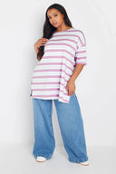 Büyük Beden Bisiklet Yaka Kısa Kollu Yanları Yırtmaçlı Çizgili T-shirt 303944