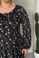 Büyük Beden Uzun Kollu Yakası Bağlama Detaylı Desenli Elbise 100-73