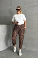 Büyük Beden Beli ve Paçası Lastikli Desenli Cepli Pantolon 74-77