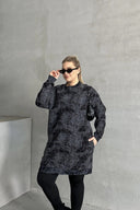 Büyük Beden Uzun Kollu Bisiklet Yaka Cepli Desenli Elbise 106-75