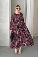 Büyük Beden Önü Bağlamalı Desenli Uzun Kollu Midi Elbise 615699