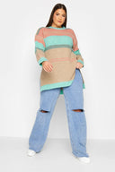 Büyük Beden Çizgili Yuvarlak Yaka Yırtmaç Detaylı Triko Kazak 301832