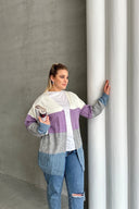 Büyük Beden Uzun Kollu Önü Kapamasız Renk Bloklu Triko Hırka 302148