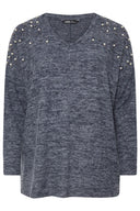 Büyük Beden V Yaka Uzun Kollu Omzu Boncuk İşlemeli Kazak 322302