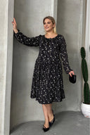 Büyük Beden Uzun Kollu Yakası Bağlama Detaylı Desenli Elbise 100-73