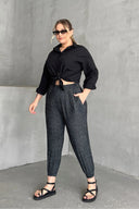 Büyük Beden Beli ve Paçası Lastikli Cepli Desenli Şalvar Pantolon 74-73