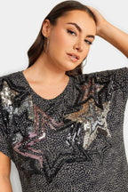 Büyük Beden Bisiklet Yaka Kısa Kollu Payet İşlemeli T-shirt 302856