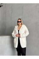 Büyük Beden Önü Kapamasız Cepli Kapüşonlu İnce Peluş Ceket 301256