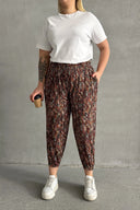 Büyük Beden Beli ve Paçası Lastikli Desenli Cepli Pantolon 74-77