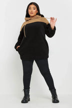 Büyük Beden Uzun Kollu Kapüşonlu ve Cepli Peluş Sweatshirt 303796