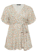 Büyük Beden Kısa Kollu V Yaka Önü Kuşaklı Desenli Eteği Bollaşan Bluz 321935