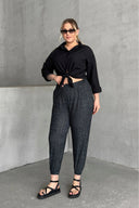 Büyük Beden Beli ve Paçası Lastikli Cepli Desenli Şalvar Pantolon 74-73